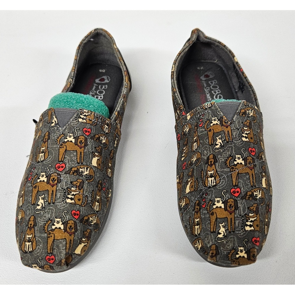 Skechers BOBS for Dogs Women 8 Gray Canvas Cat Dog Print Memory Foam Flats